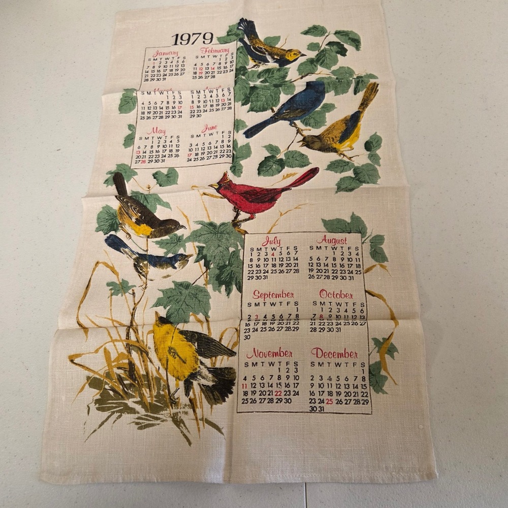 Vintage 1979 Linen Calendar Tea Towel Songbirds Nature Birdcore Cream 16x26